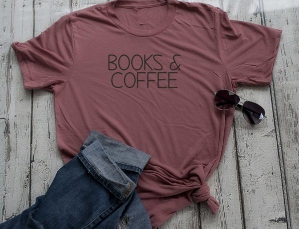 mauve shirt books and coffee