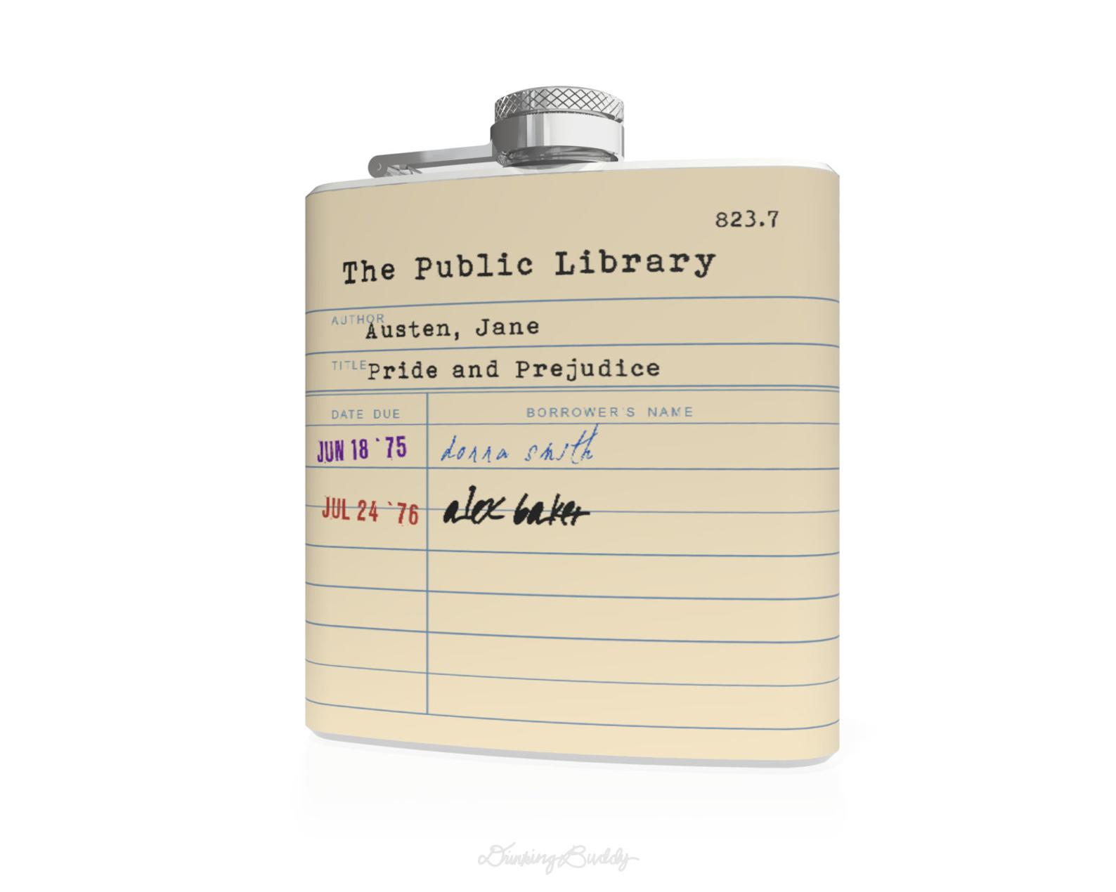 Jane Austen Library Card Hip Flask