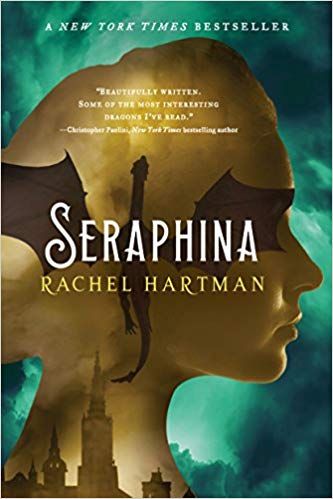 cover of Serafina by Rachel Hartman; illustration of gold profile of a girl with shadow of a dragon passing over it