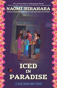 Iced in Paradise cover image, featuring several people standing at an ice cream stand, with the cover bordered by pink flowers