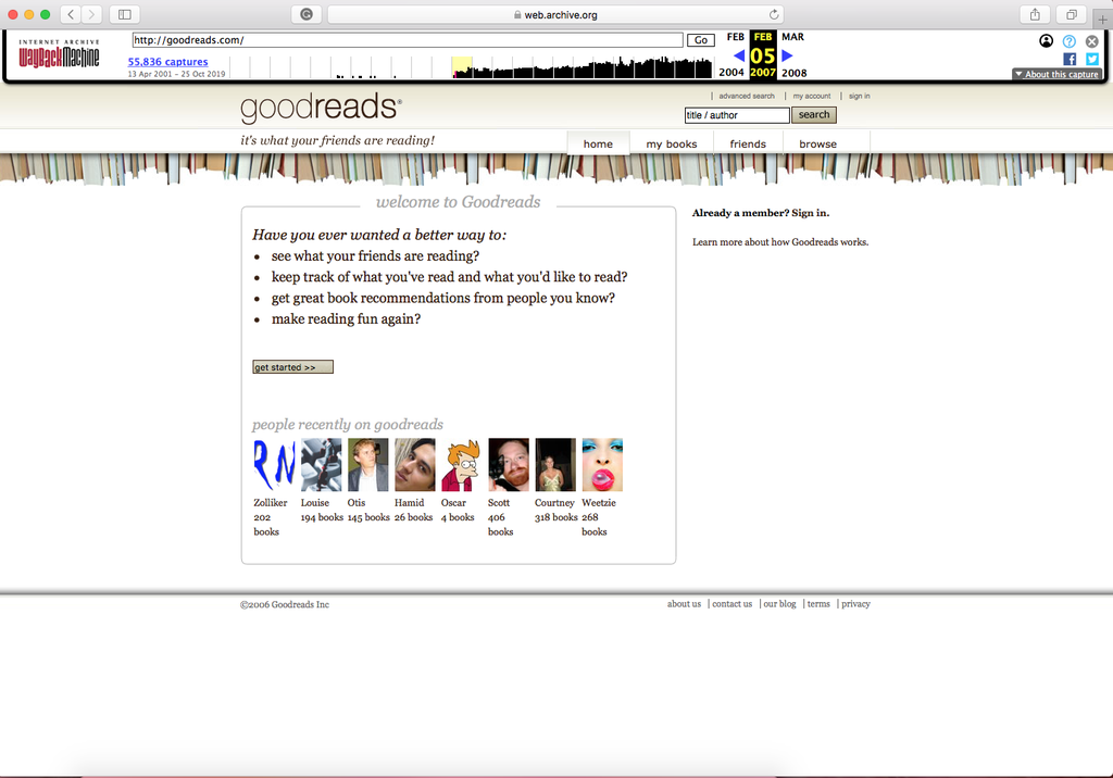 Goodreads capture from the Wayback Machine 2007