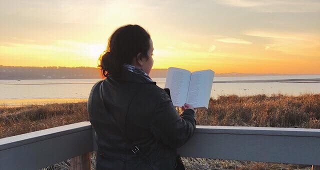 A woman facing away in front of a sunset, reading