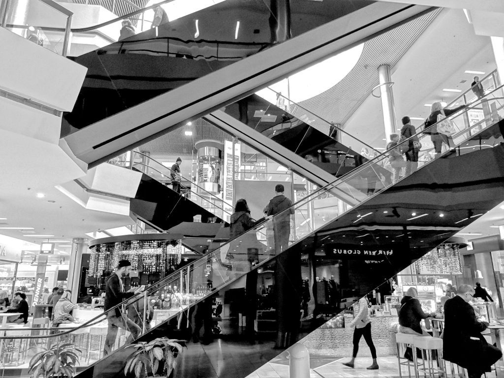 Black-and-white scene of people on escalators in a department store. 