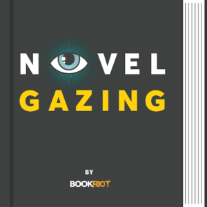 a book with a dark gray cover has the words NOVEL GAZING BY BOOKRIOT on it. the O in NOVEL is made of a blue eye with blue rays radiating out from it.