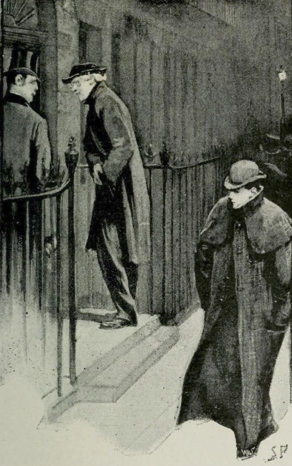 Illustration of the short story A Scandal in Bohemia, which appeared in The Strand Magazine in July, 1891. This illustration appeared on page 73, and is captioned, "GOOD-NIGHT, MR. SHERLOCK HOLMES."