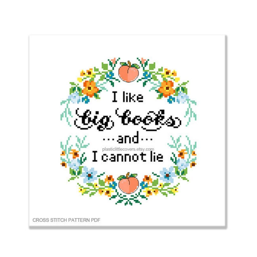 Cross stitch of "I like big books and I cannot lie"