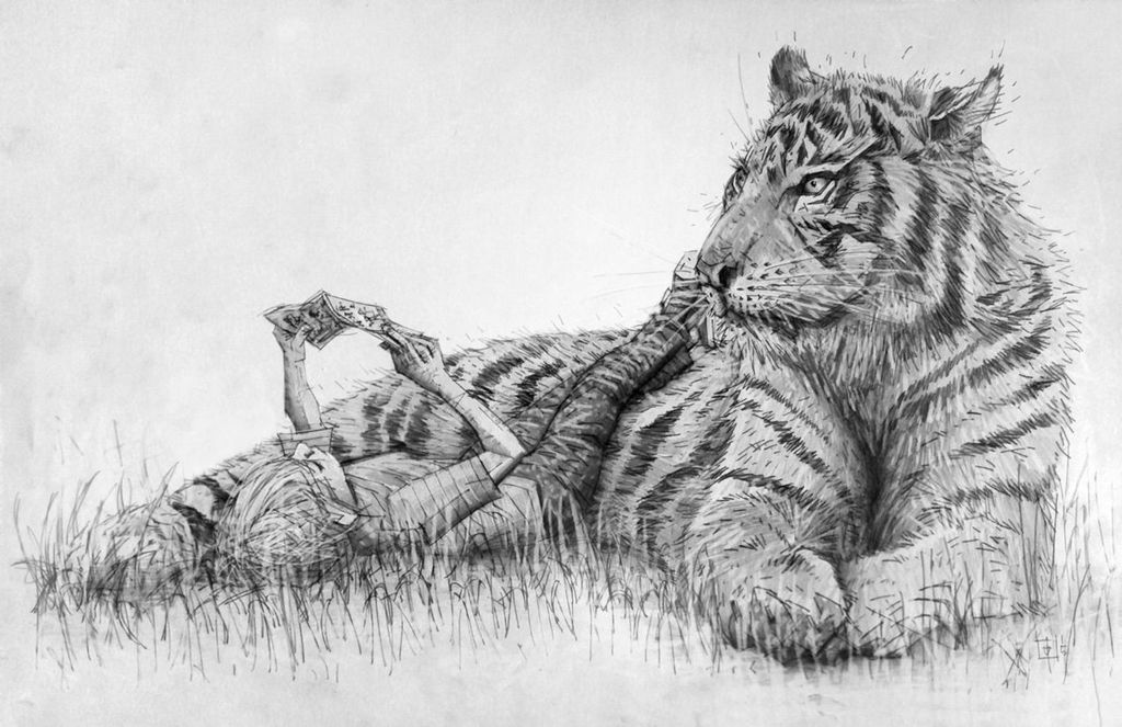 Realistic drawing of Calvin and Hobbes