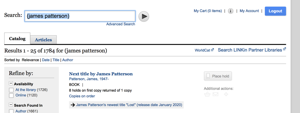 Screenshot of library catalog searching James Pattereson