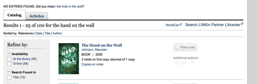 Screenshot of library catalog searching for The Hand in the Wall