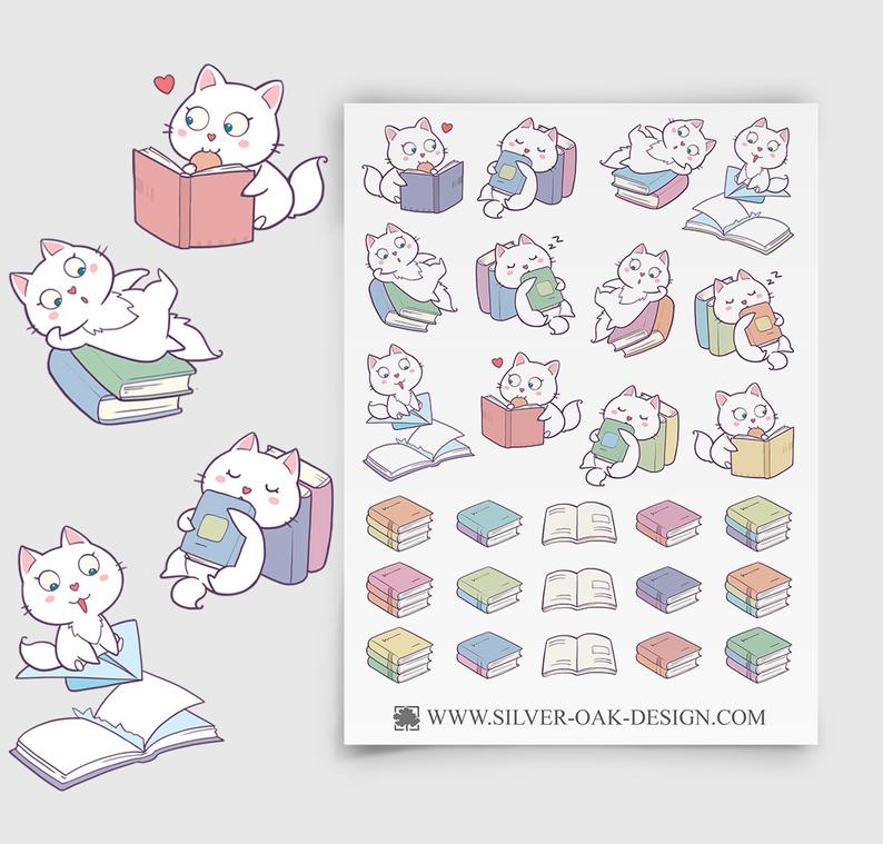 Bookish cat stickers from Etsy https://www.etsy.com/listing/615047394/cute-kawaii-cat-reading-books-planner?ref=landingpage_similar_listing_top-1&frs=1