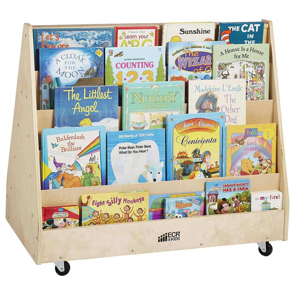 Children's book cart from Amazon https://www.amazon.com/ECR4Kids-ELR-0335-Hardwood-Double-Sided-Display/dp/B007RHM29G