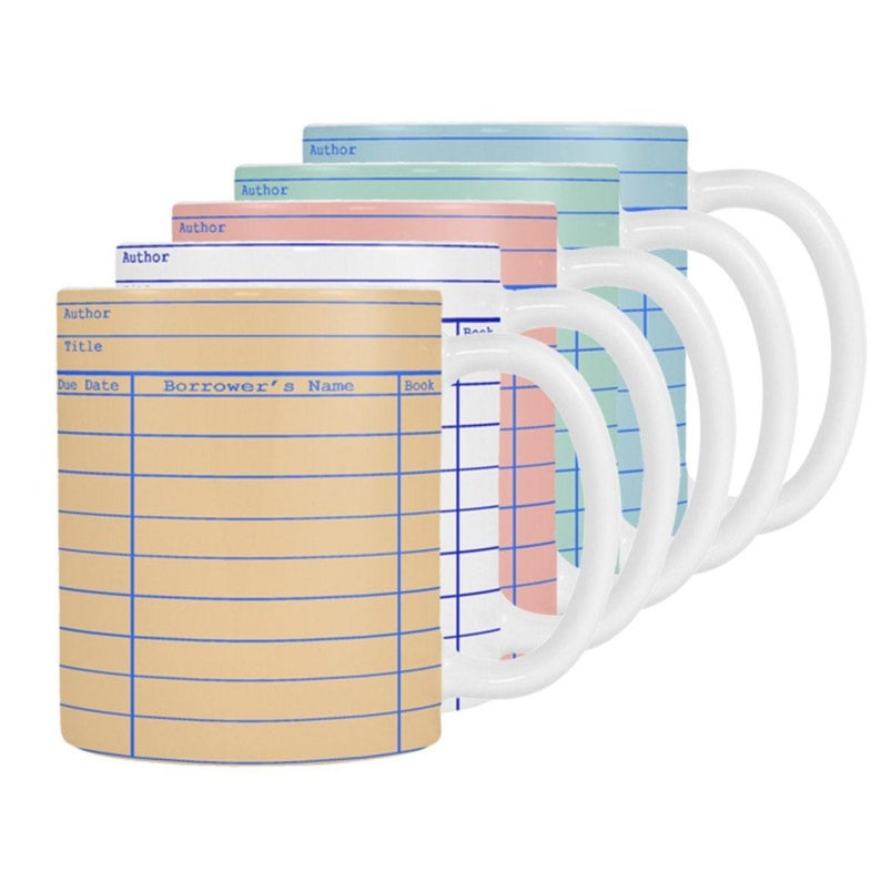 Library card mug in multiple colors