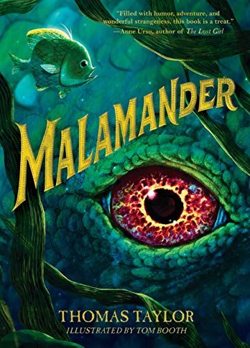 cover of Malamander (The Legends of Eerie-on-Sea Book 1); illustration of a close up of a giant green monster's red eye