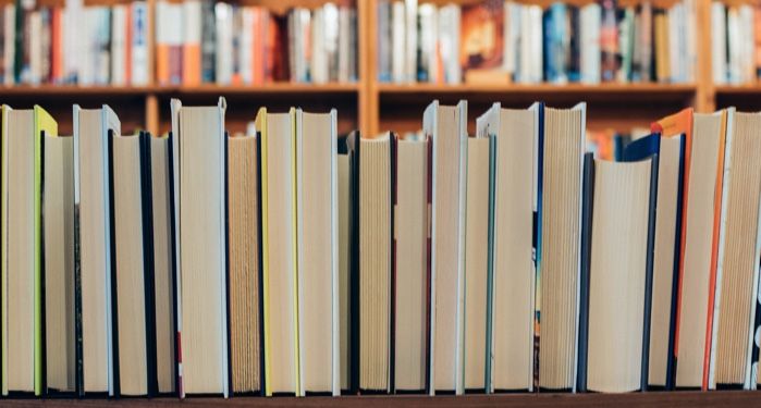 a photo of a shelf of books seen from behind