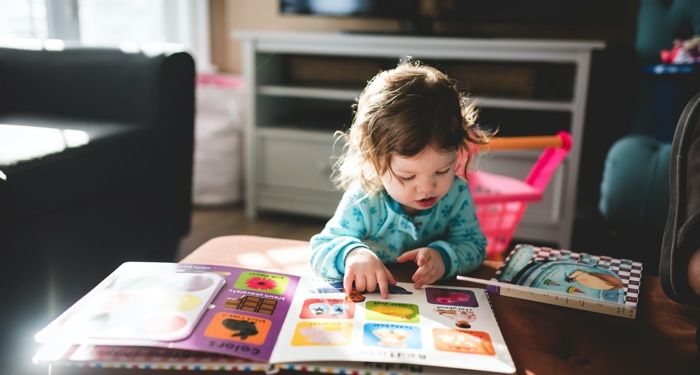 a photo of a toddler pointing at a picture in a book