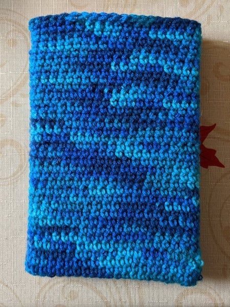 blue crochet book sleeve