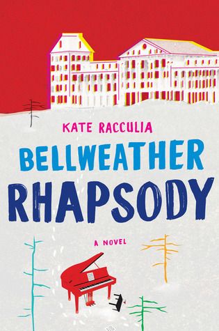 couverture de Bellweather Rhapsody de Kate Racculia, avec une peinture multicolore d'un hôtel blanc avec un piano rouge dans la neige à l'extérieur, devant un ciel rouge