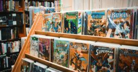 Shelves of comics displayed face out