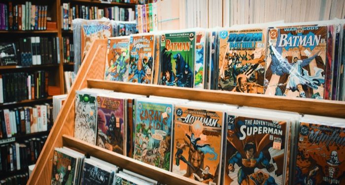 Shelves of comics displayed face out