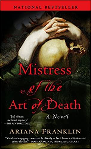Ariana Franklin'in Mistress of the Art of Death kitabının kapağı;  ellerini bir kafatasının üstüne koyan bir kadının resmi
