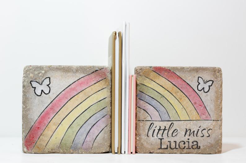 Personalized rustic rainbow bookends