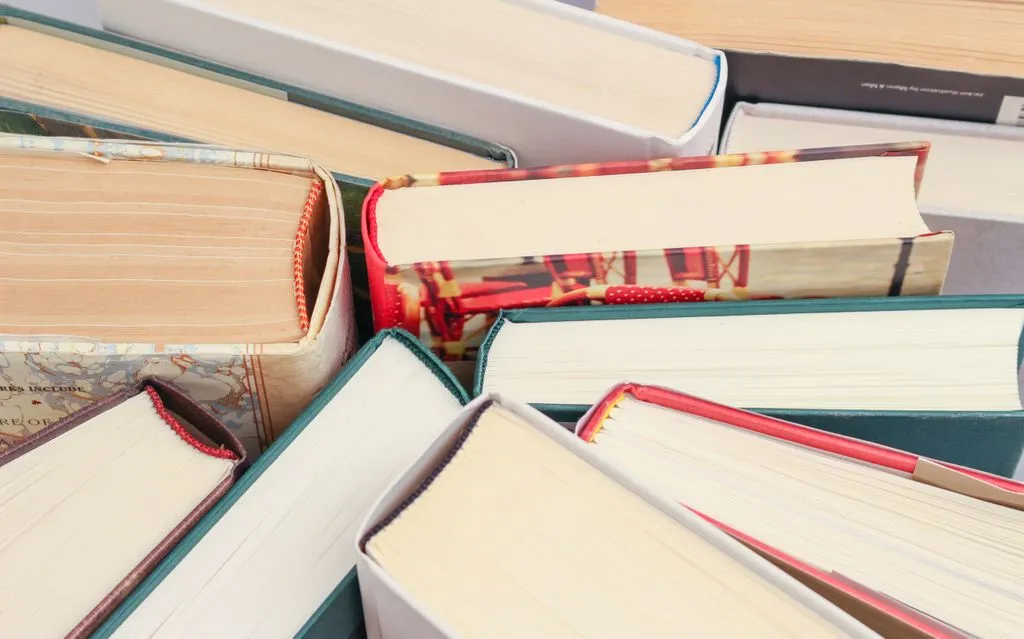 (Source: https://www.pexels.com/photo/books-indoors-pages-paper-45717/) Assorted books (in various book formats) standing spine to spine.