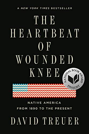 cover imagcover of The Heartbeat of Wounded Knee: Native America from 1890 to the Present by David Treuer; black with a long thin American flag on ite of The Heartbeat of Wounded Knee by David Treuer