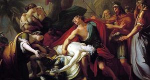 Achilles Lamenting the Death of Patroclus public domain mythology
