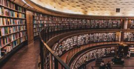 a photo of library shelves