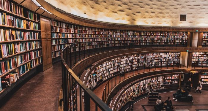 a photo of library shelves