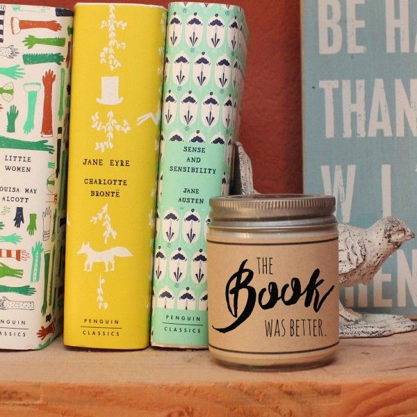 Jar candle with "the book was better" label for personalized book club gifts