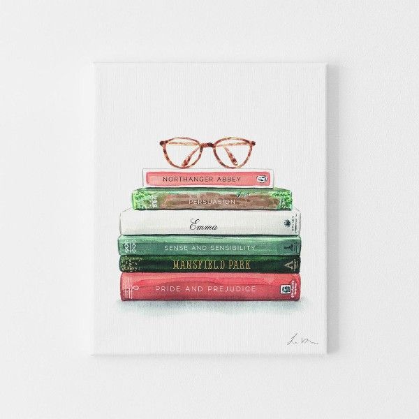 Illustrated stack of Jane Austen books with reading glasses sitting on top