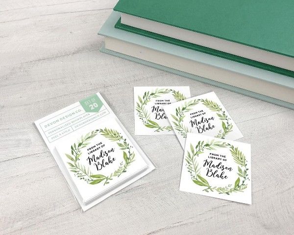 personalized book club gifts bookplates sticker with wreath of greenery and "From the library of" in the center