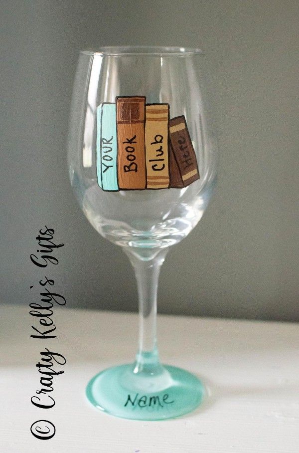 Wine glass with painted book spines reading "your book club here"