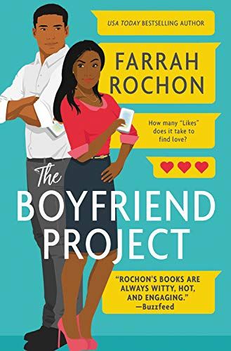 cover of The Boyfriend Project by Farrah Rochon, showing a Black man and woman standing back to back. The man is dressed in a lot button down shirt and grey pants, the woman is wearing a red sweater and blue pencil skirt while holding a mobile phone