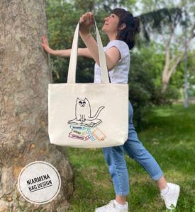 Embroidered Cat and Books Tote