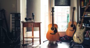 Instruments in a room for books about musicians and music