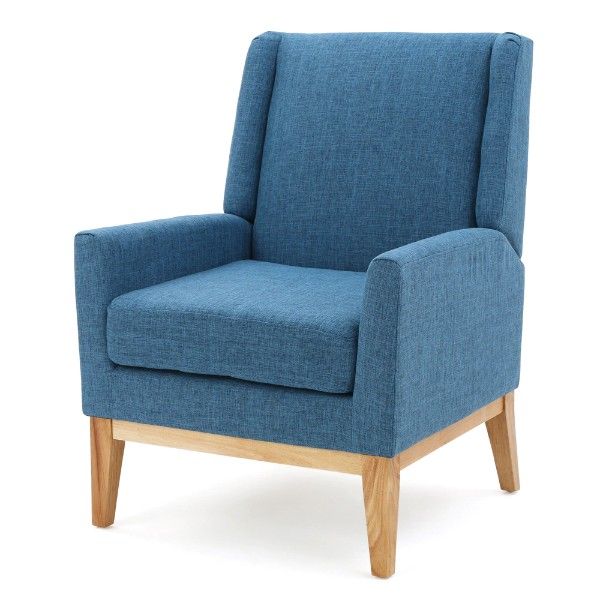 tall back blue chair with wood legs