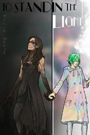 To Stand In The Light by Ennis Rook Bashe cover [cover is split down the middle. One side is black with person clad in all black with black-tinged arms and a black mask. The other side is a girl in a sea of pastel colors, a pastel coat, and line-green hair]