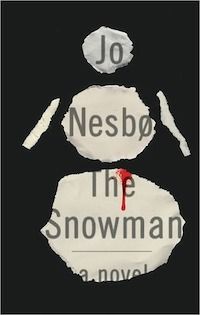 cover of The Snowman by Jo Nesbo, feauting a snowman silhouette made of ripped paper on a black background