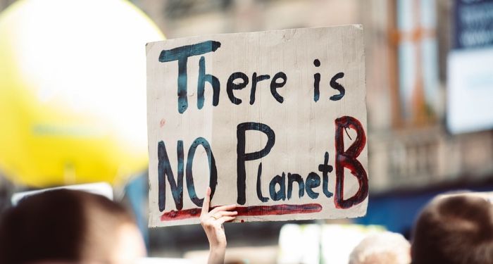 image os a sign reading "there is no planet B" at a climate change rally