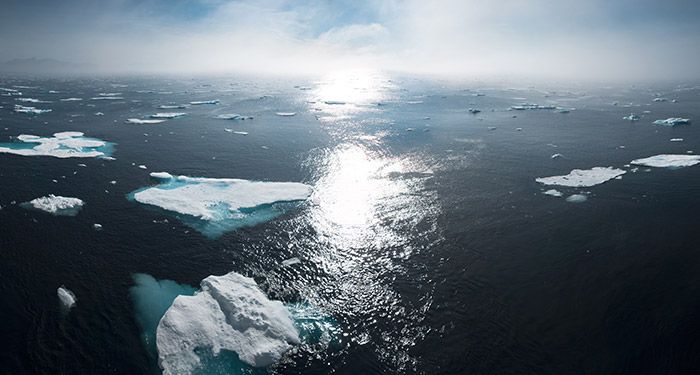 a photograph of ice floes floating in a blue sea