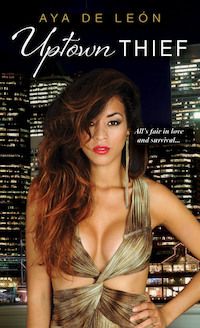 Cover of Uptown Thief by Aya de Leon, featuring a black woman in a shimmering gold dress and red lipstick in front of the city skyline