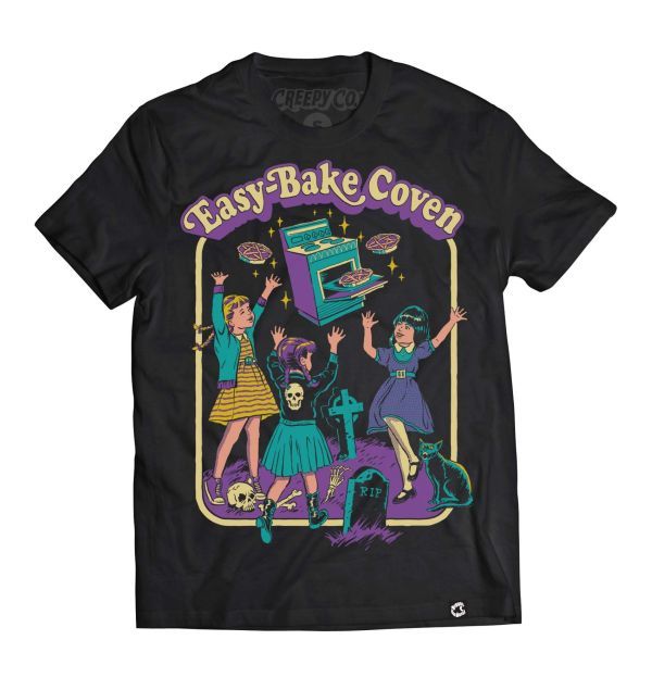 Easy-Bake Coven T-shirt - Creepy Co. - image of three small girls dancing in a cemetery around a flying easy-bake oven, text in an arc above