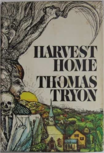 cover of harvest home by thomas tryon, a view of a village with skulls resting under the trees