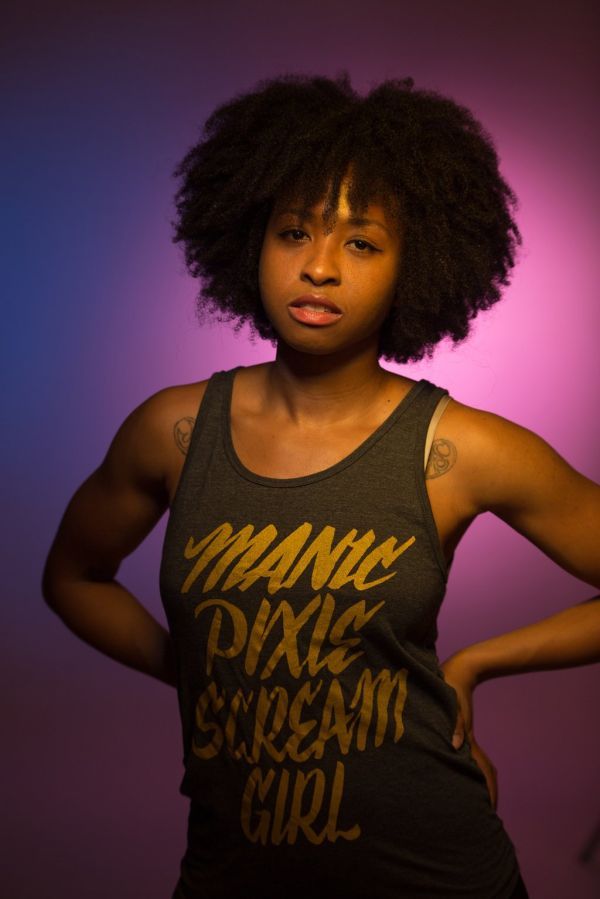 Manic Pixie Scream Girl tank top - Jordandene - yellow text against grey background