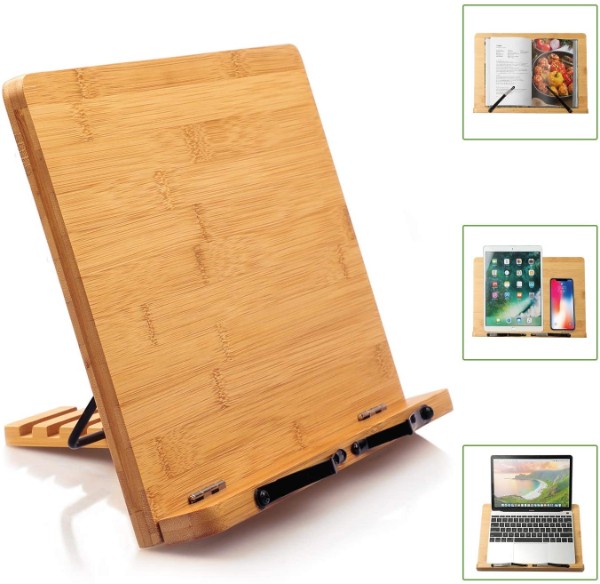 Lenrtu Book Stand Large Size 15.4 X 11 Inches Main Board-Adjustable Foldable Book Holder with Page Holder Clips Textbooks Holds Cookbooks Music Books Laptops Documents Tablets Receipe Books