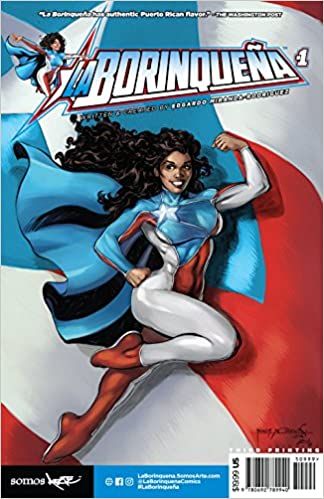 La Borinquena comic cover featuring the titular character in her red, white, and blue superhero costume with the same colors in the background