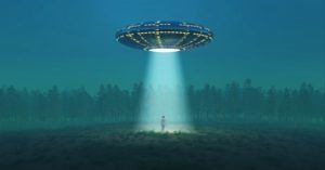 UFO abducting someone in a dark field