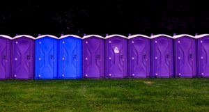 purple and blue portapotties in a line outside